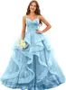 Vestido de Noite Estilo Europeu e Americano com Alças Finas, Decote em V, Cintura Marcada, Barra Ampla, Tule em Camadas, Banquete de Cerimônia para Adultos, Céu Estrelado, Longo Bufante