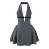 Vestido Sexy de Chica Caliente Estilo Francés con Lazo de Color Contrastante y Lunares, Elegante Vestido Halter que Ceñe la Cintura, Vestido Corto Ajustado sin Espalda