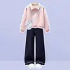 Conjunto de dos piezas para niña estilo coreano, dulce y lindo, con lazo, manga larga y jeans de moda, para Primavera y Otoño 2026