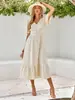 EBay Independent Station 2023 Casual Mulheres Europeias e Americanas Verão Novo Decote em V Manga Folha de Lótus Cor Sólida Vestido Feminino