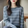 Algodão Puro Gola Redonda Listrado Malha Primavera Novo Soltinho Camisa Base Estilo Coreano Simples Cor Sólida Pulôver Top para Mulheres