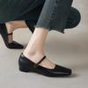 Zapatos Mary Jane Rosas Suaves Nuevos para Viajeros Cabeza Cuadrada Pequeña Tacón Bajo Grueso Hebilla de Un Zapato Zapatos de Piel de Vacuno de Primera Capa