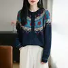 Cardigã Jacquard Fair Isle Color Block Retrô com Gola Redonda para Mulheres, Suéter de Tricô de Manga Longa para Primavera e Outono, Casaco Grosso Solto para Mulheres