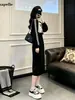 Vestido suéter falso de duas peças para mulheres, popular na primavera e no outono, estiloso e emagrecedor, de comprimento médio, casual, acima do joelho