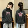 Blusa Base de Pelúcia para Meninas Outono Inverno Nova Roupa Íntima Gola Meio Alta Manga Longa Escovada Listrada Infantil Roupa Íntima Quente