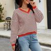 Suéter informal a rayas para mujer, estilo transfronterizo europeo y americano, otoño e invierno, nueva moda, cuello en V, tejido de punto, fábrica