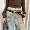 Cinturón de Cintura Americano Y2K de Gamuza con Remaches para Mujer Estilo Punk Retro de Nicho con Faldas Jeans Cinturón Decorativo de Cuero