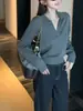 Lin12 - Suéter de tricô de alta qualidade, discreto, top de tricô gola polo estilo "old money" para mulheres, top casual de manga longa com gola V