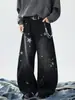 Jeans de mezclilla lavada estilo hip-hop americano para hombre, otoño, tiro alto, adelgazantes, diseño holgado con estampado de estrellas, pantalones de pierna ancha