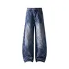 Jeans retrô azul xadrez desgastado para homens, outono, estilo americano high street, lavagem vintage, calça plissada de perna curva