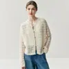 Cardigan Feminino de Tricô com Recortes, Novo Estilo, 75% Caxemira 25% Seda, Gola Redonda, Macio e Moderno, Manga Longa