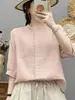 Verão Novo Estilo Manga Média Versátil Cardigã Liso Emagrecedor Algodão Linho Manga Meia Manga Camisa Top Feminino Gola Alta Design com Bolso