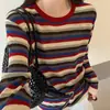 Suéter de punto de manga larga a rayas con bloques de color y cuello redondo estilo coreano para mujer, nueva colección de principios de otoño, corte holgado, adelgazante, versátil, top de suéter ligero