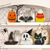 Decoración de Madera para Halloween - Calabaza de Madera Murciélago Gato Negro Sombrero de Bruja Maíz de Caramelo Letrero de Mesa de Pie