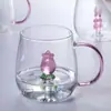 Taza de vidrio de borosilicato alto con asa de colores, taza de regalo de dibujos animados, taza de vidrio para jugo, taza con animal en 3D, taza de agua linda
