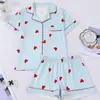 Comercio Exterior Transfronterizo Estilo Europeo y Americano Estampado de Corazones Arrugado de Burbujas Cuello Cardigan de Verano para Mujer Conjunto para Casa Casual Venta al por Mayor