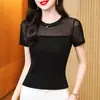 Moderna Camiseta de Malla de Manga Corta con Cuello Redondo y Pedrería de Alta Gama para Mujer, Versátil Top Básico Ajustado Favorecedor de Verano