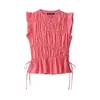 Estilo Europeo y Americano Verano Ropa de Mujer Cuadros Pequeños Top con Volantes y Conjunto de Pantalones Mezcla de Fibras Sintéticas Patchwork