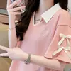 Camiseta de Manga Corta tipo Polo Waffle Talla Plus para Mujer, Nuevo Estilo Verano 2025, Corte Holgado, Adelgazante, con Detalle de Lazo
