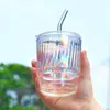 Taza de agua de vidrio colorida para oficina, taza con popote de aspecto elegante, estilo Ins, taza láser para leche de soya, taza de café