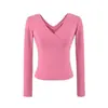 Camiseta puramente sensual y sexy de manga larga con doble escote en V delantero y trasero, nuevo estilo de otoño, elegante color liso, corte ajustado, top básico de chica sexy para mujer