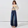 Jeans Largo Azul-Cinza com Strass, Estilo Novo Primavera 2026 para Mulheres, Calça Drapeada de Cintura Alta, Perna Reta, Comprimento no Chão em Azul-Cinza
