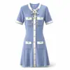 Vestido de punto azul floral tridimensional para mujer, vestido con cuello de lazo de comercio exterior transfronterizo, vestido de línea A de manga corta ajustado