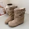 Botas de Moda Sueltas Estilo Europeo con Doble Hebilla hasta Media Pantorrilla para Mujer, Verano Suela Gruesa que Aumenta la Altura Punta Redonda Botas de Moda de Gamuza Botas de Mezclilla
