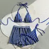 2026 Moda Europea y Americana Nueva Sexy con Cordones Rayado Traje de Baño de Tres Piezas Bikini Comercio Transfronterizo Comercio Exterior