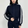 Sudadera de estilo coreano de moda con bloques de color y tres rayas, cuello alto, para mujer, nueva chaqueta deportiva tipo béisbol con bloques de color para primavera y otoño, para exteriores