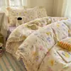 Juego de Ropa de Cama de Encaje Estilo Coreano de Cuatro Piezas con Gasa de Doble Capa Tipo Nube, Diseño Floral Fresco, Gasa Arrugada, Juego de 4 Piezas para Cama Individual/Doble