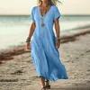 Vestido de mujer de color liso, cuello en V, ajuste holgado, imitación de algodón, comercio exterior transfronterizo europeo y americano, sitio independiente Amazon Wish