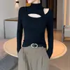 Camiseta Básica Negra de Cuello Medio para Mujer, Nuevo Estilo 2026 Principios de Primavera y Otoño, Top Térmico Acanalado Ajustado Sexy con Aberturas