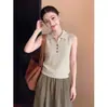 Traje Estilo Old Money: Colete de Tricô de Seda Gelada com Gola Polo de Verão Feminino, Colete sem Mangas Único e Bonito com Gola Reversível