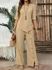 Traje de Calça Longa com Barra Irregular Feminino 2026 Elegante Moderno Casual Camisa de Botão Manga Meia Manga Conjunto Solto de Duas Peças