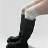 Meias 3/4 com acabamento em renda para mulheres outono inverno meias longas para usar com botas meias brancas acima do joelho meias JK emagrecedoras de meia-panturrilha