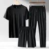 Traje Casual Deportivo de Seda de Hielo para Hombre Verano 2026, Conjunto de Tres Piezas Holgado de Manga Corta y Pantalones Largos y Shorts para Hombre Tallas Grandes