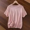 Camiseta de Ganchillo sin Costuras Hueca Tejida a Mano con Cuentas de Hilo Washi Japonés Importado, Top de Punto Ajustado de Manga Corta para Mujer Verano