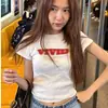 Diseño de Nicho Coreano Estampado de Letras Fantasma Verano Hombro Derecho Corto Ajustado Delgado Camiseta de Manga Corta Top para Mujer