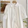 Camisa Branca Chic Francês com Lapela e Manga Bufante para Mulheres 2025 Design de Verão Simples Elegante para Trabalho Top de Manga Curta