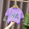 Camiseta Manga Longa Infantil para Meninos Estilo Casual Desenho Animado Bebês Meninos Primavera e Outono Gola Redonda Falsa Duas Peças Top Solto Algodão Puro
