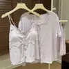 Pijama de Tres Piezas de Algodón Tencel con Almohadillas en el Pecho, Tirantes Femeninos de Verano, Conjunto de Shorts y Camiseta de Manga Corta, Ropa de Casa Estilo Puro Lust