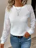 Fabricante de Comercio Exterior Transfronterizo Europeo y Americano 2026 Nuevo Estilo Color Sólido Encaje Manga Larga Hueco Cuello Redondo Casual Camiseta de Mujer Top