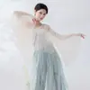 Cardigan de punto clásico, cuello en V abierto al frente, mangas anchas, estilo chino nuevo, conjunto de práctica de gasa fluido, top de entrenamiento de danza china