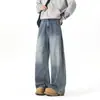 Calça jeans larga estilo americano para homens, lavagem desgastada, corte reto, caimento solto, moda de rua, moderna, calça comprida casual