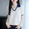 Verão 2026 Novo Estilo Gola Polo Lyocell Color Block Lapela Malha Top Feminino Manga Curta Fino