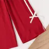 Nuevo conjunto casual deportivo de verano para niñas, de manga corta, holgado y cómodo: top con estampado de moño + pantalones de pierna ancha