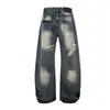 Jia Yi Ku 26 Nuevos Pantalones de Pierna Curva Estilo Americano Jeans Lavados Vintage con Patrón de Bambú Único Pantalones Anchos Sueltos para Hombres y Mujeres