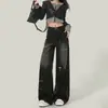 Jeans Reto para Mulheres de Comércio Transfronteiriço, Estilo Americano de Primavera com Design de Rebites, Calças Wide Leg, Preto Tendência Soltas Casuais