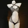 Lencería sexy de una pieza talla grande con diseño hueco, body de rejilla con entrepierna abierta, conjunto de rejilla de una pieza hueco con jacquard